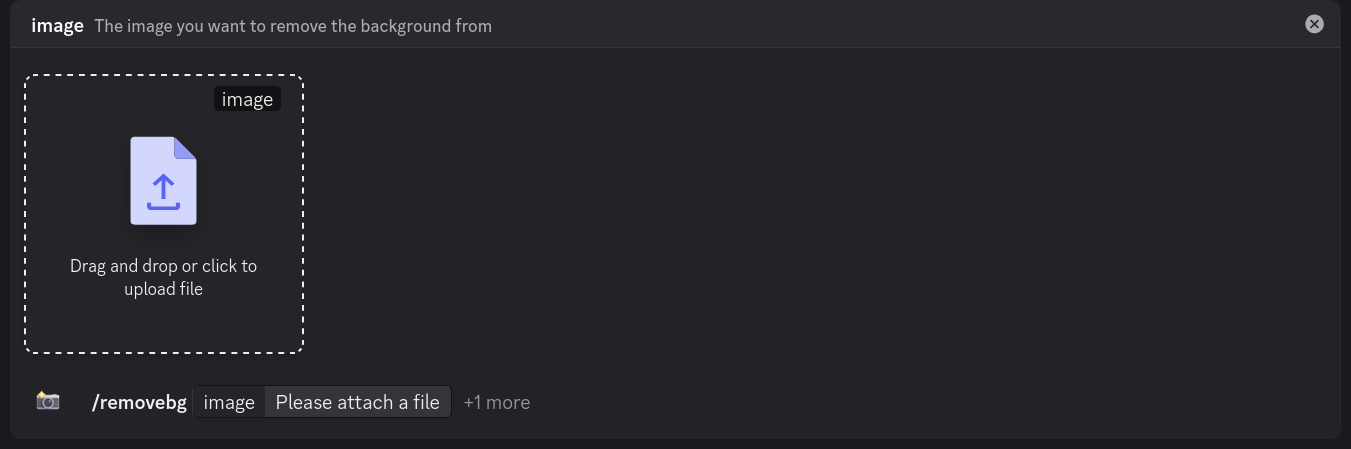 Screenshot showing /removebg slash command with attachment upload prompt