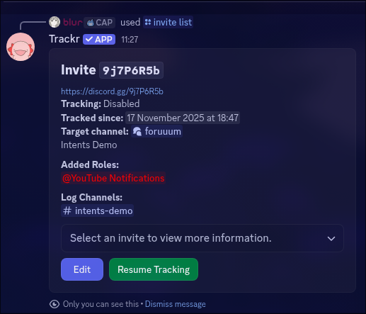 Trackr invite info interface showing Edit Tracking and Stop Tracking buttons